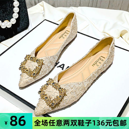 尖头单鞋女秋百g搭浅口2021新款温柔鞋仙女平底瓢鞋大码女鞋41一4