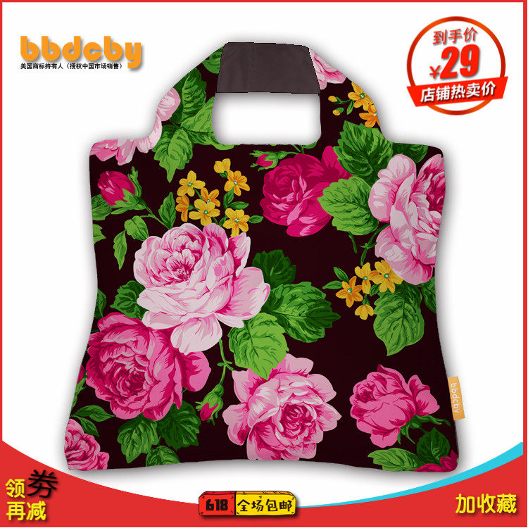 黑底红花买菜包大号折叠环保购物袋时尚印I花手提单肩布袋可印log