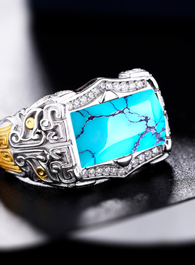 S925银戒指空托方银饰民族风镶嵌绿松石蜜蜡开K口男戒托 7*12 9*1