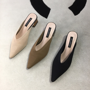 低跟女鞋 2019春季 女 飞织面V口尖头C粗跟中跟半拖鞋 包头 新款