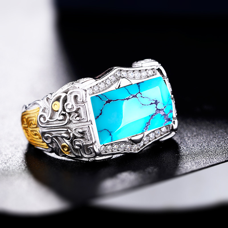 S925银戒指空托方银饰民族风镶嵌绿松石蜜蜡开口男戒P托 7*12 9*1