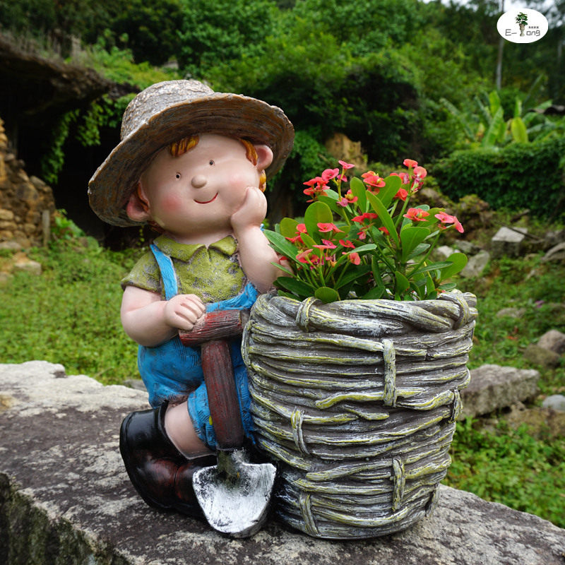 花园可爱小男孩小女o孩摆件包邮 庭院草坪手提篮园艺花盆美式乡村