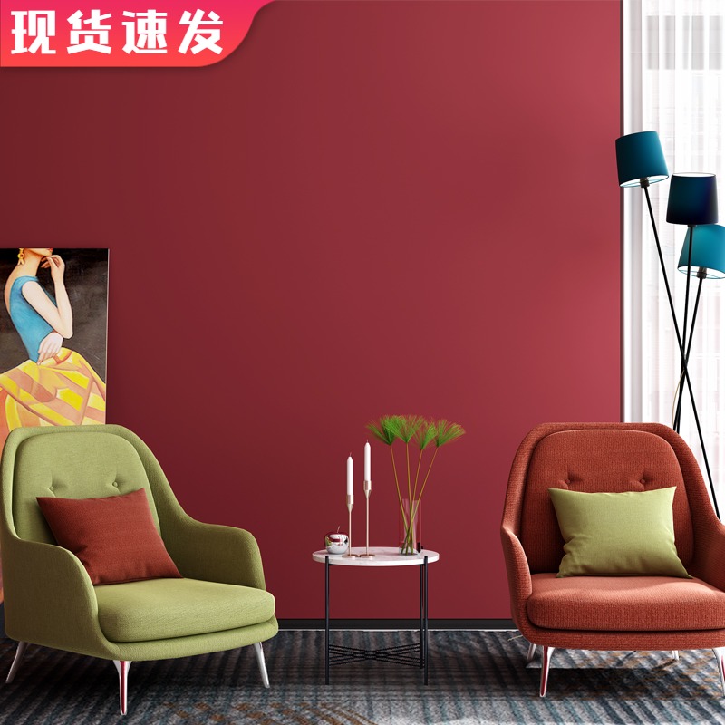 大红色墙纸深红纯色m暗红玫红砖红卧室酒红色电视背景复古红色壁