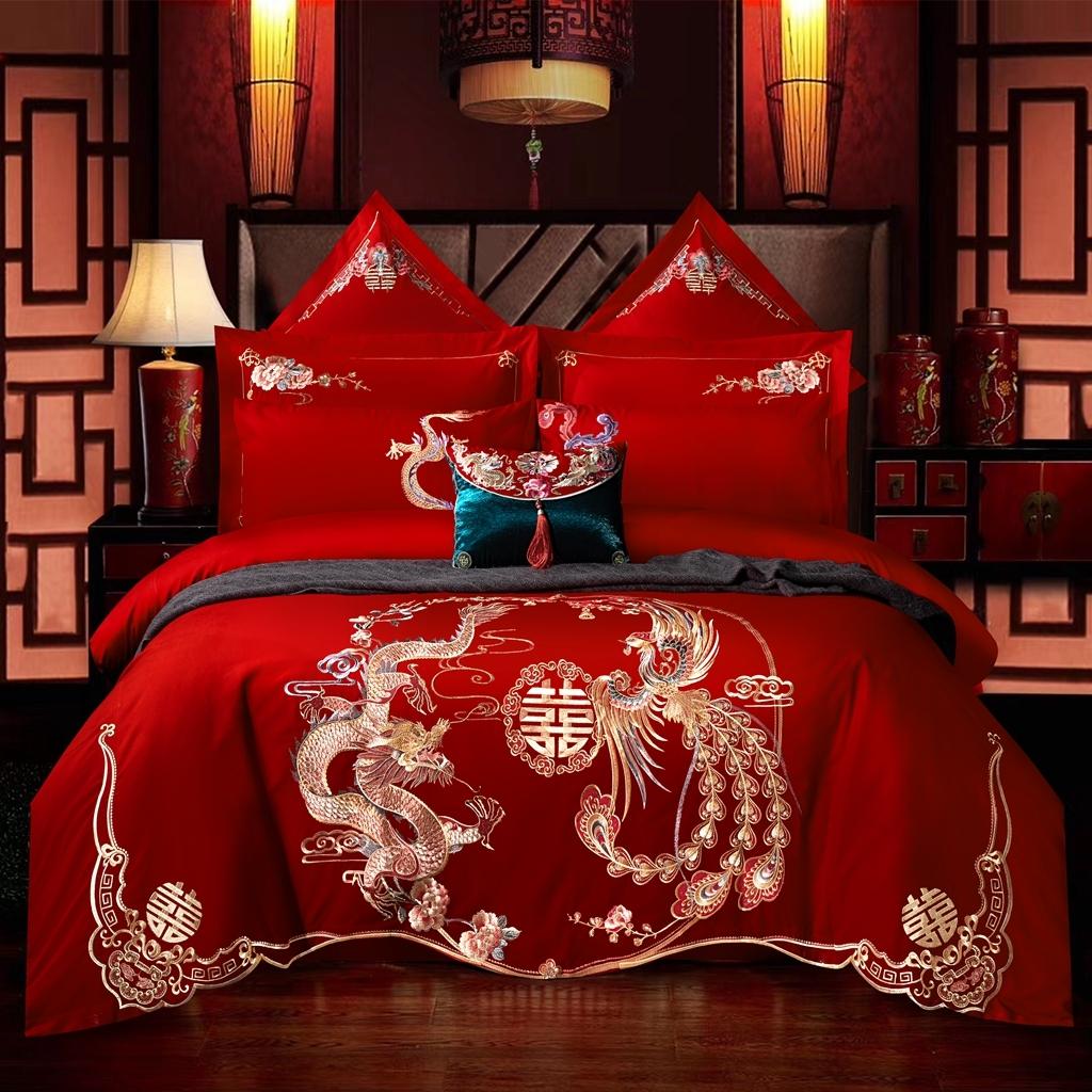 结婚床上用品全棉磨毛床单被罩红色百子图婚庆新婚龙凤刺绣