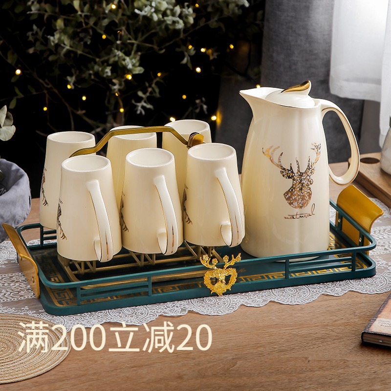 轻奢风家用陶瓷水具套装客厅茶壶喝子茶杯具简约水壶托盘