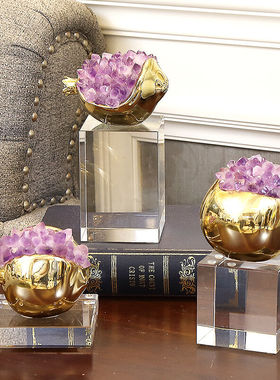 轻奢多福铜家用样板房客厅玄关黄铜紫晶石摆件