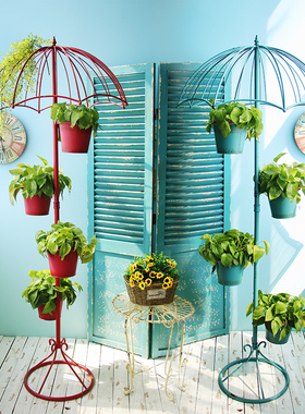 铁艺家居阳台花店橱窗雨伞花架装饰摆件创意落地户外带灯花架