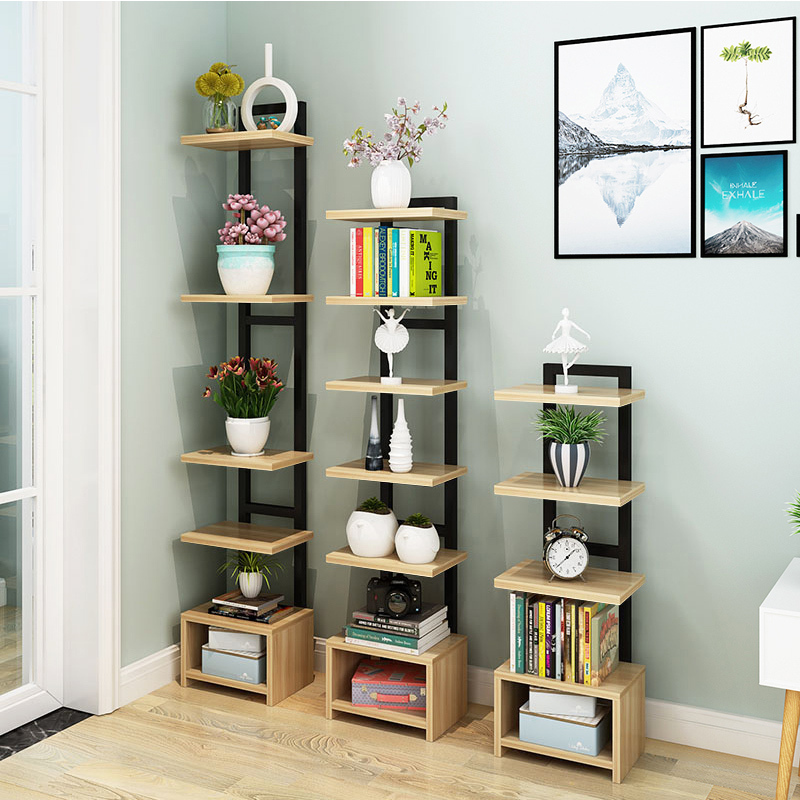 客厅铁艺转角多层小钢木花架卧室装饰架收纳柜隔板落地书架