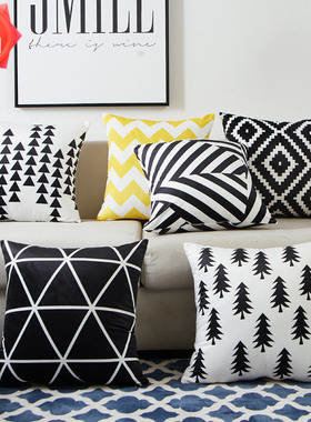 北欧荷兰b绒靠垫黑白抱枕套黄色条纹几何格子样板房沙发大靠腰枕