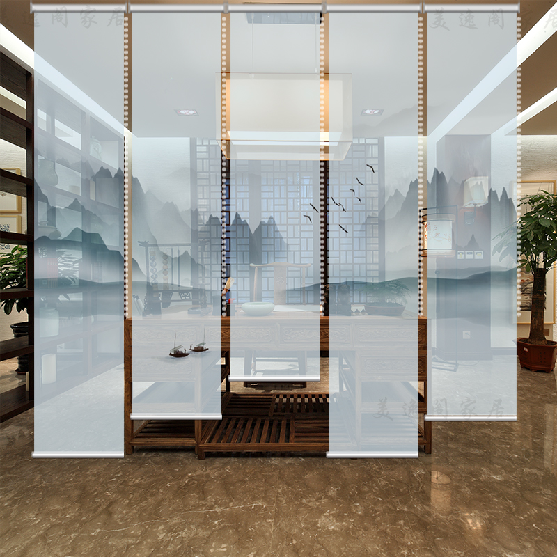 半透明透景纱g双面电动窗卷帘定制软隔断遮光中式山水墨悬挂式禅