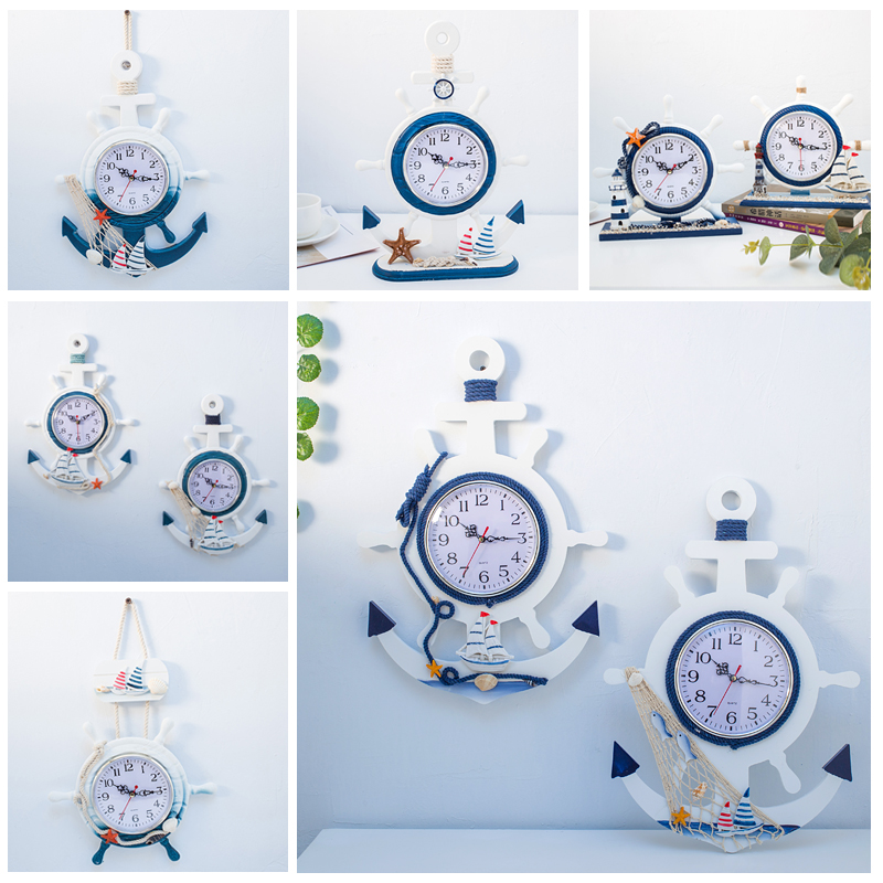 地中海风格复古做旧船锚挂v钟墙面装饰品挂件木质船舵创意静音钟