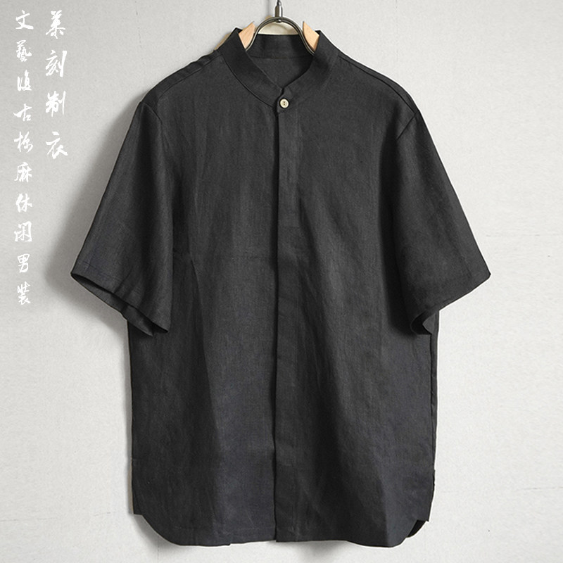 夏季亚麻薄款休闲短袖衬衫中式青年复古立领潮流男士半袖麻料上衣