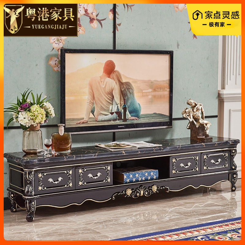 粤港家具  欧式大理石电视柜黑檀色 实木橡木雕花客厅电视柜地柜