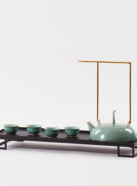 现代新中式陶瓷茶壶金属托盘摆件样板房间家居客厅玄关茶具软装饰