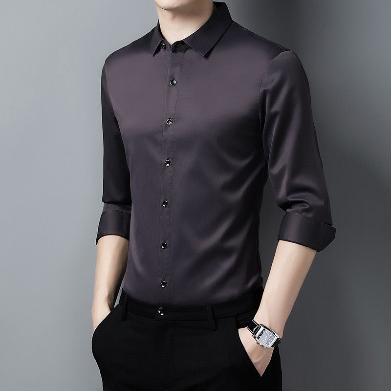 中年男士秋季冰丝商务爸爸装长袖衬衫黑色韩版潮流免烫休闲衬衣薄,男装,衬衫,淘宝优惠券,粉丝福利购,淘宝优惠卷