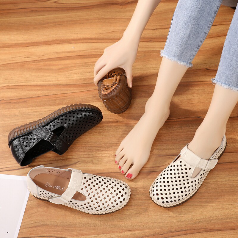 夏季新款休闲妈妈凉鞋真皮软底镂空透气女士胖脚平底鞋防滑洞洞鞋,女鞋,洞洞鞋,淘宝优惠券,粉丝福利购,淘宝优惠卷