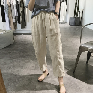 子 女胖mm宽松200斤九分亚麻高腰显瘦遮腿粗胯宽裤 大码 棉麻老爹裤