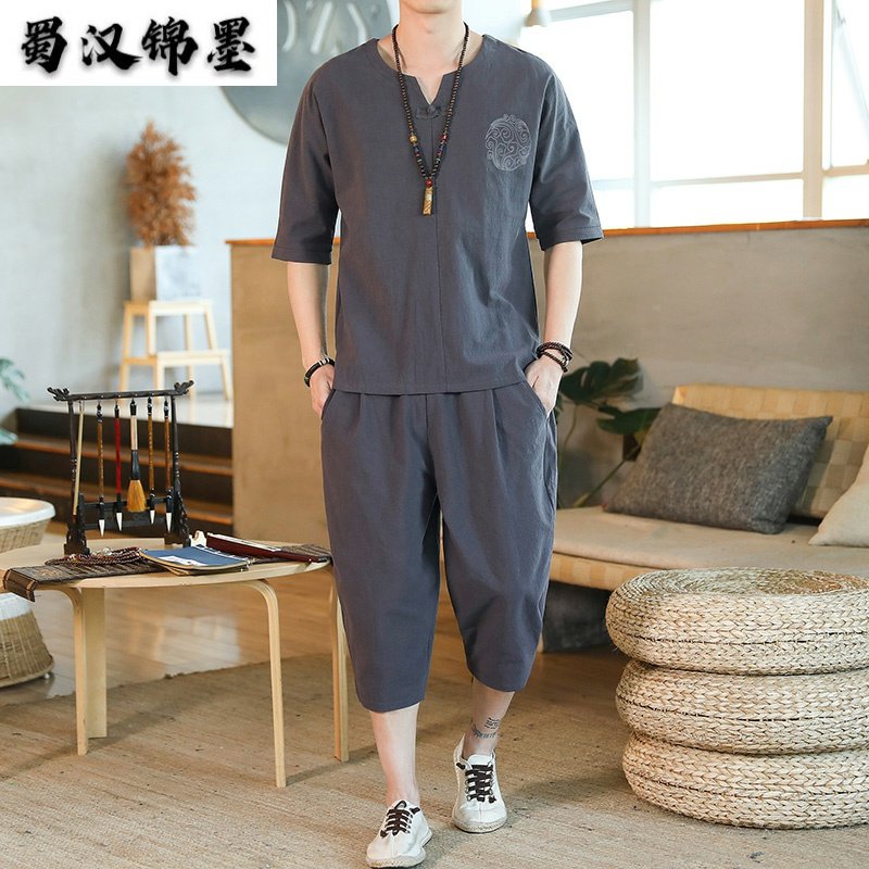 亚麻休闲裤男士宽松哈伦裤中国风棉麻短袖短裤套装七分裤两件套男,男装,休闲运动套装,淘宝优惠券,粉丝福利购,淘宝优惠卷