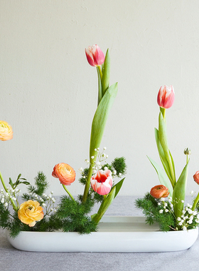 小原流长椭圆排列花器 插花花盆禅意中式日式花道陶瓷花盘器皿