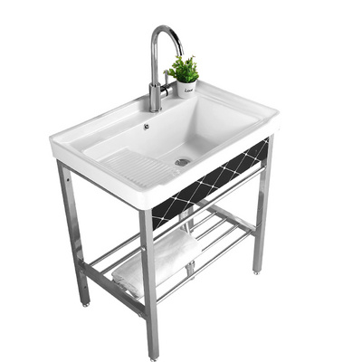 陶瓷洗衣盆带搓衣板阳r台搓板池一体室外双盆右边铝柜浴室柜落地