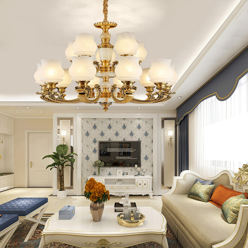 新款奢华欧式 餐厅客厅灯别墅复式楼轻奢 古铜色玉石大吊灯 海马