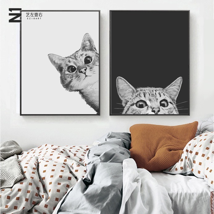 DIY数字油彩画  虎斑 英短 小猫手绘装饰黑白挂画简约艺左壹右