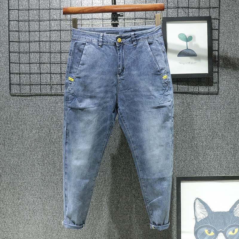 夏季薄款小锥形九分牛仔裤男腿粗屁股大宽松小脚斜插口袋高端裤子