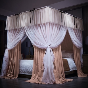 1.8m床防尘顶双层公主风床幔落地支架固定 家用遮光蚊帐床帘一体式