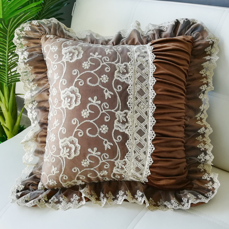 高档奢华绒欧式宫廷蕾丝花边汽车沙发靠垫抱枕靠枕套子不含芯45咖