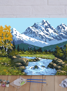 diy数字油画山水风景手工填色装饰画雪山映湖客厅卧室手绘油彩画