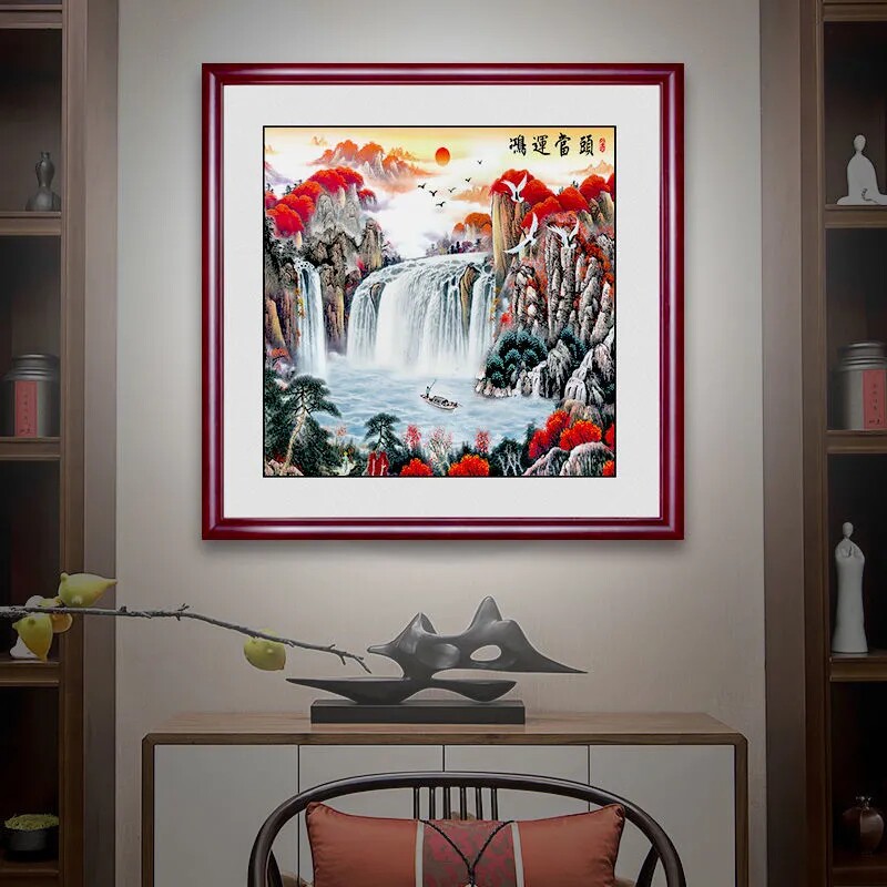 中式鸿运当头山水画国画客厅餐厅背景墙玄关装饰画走廊过道挂画