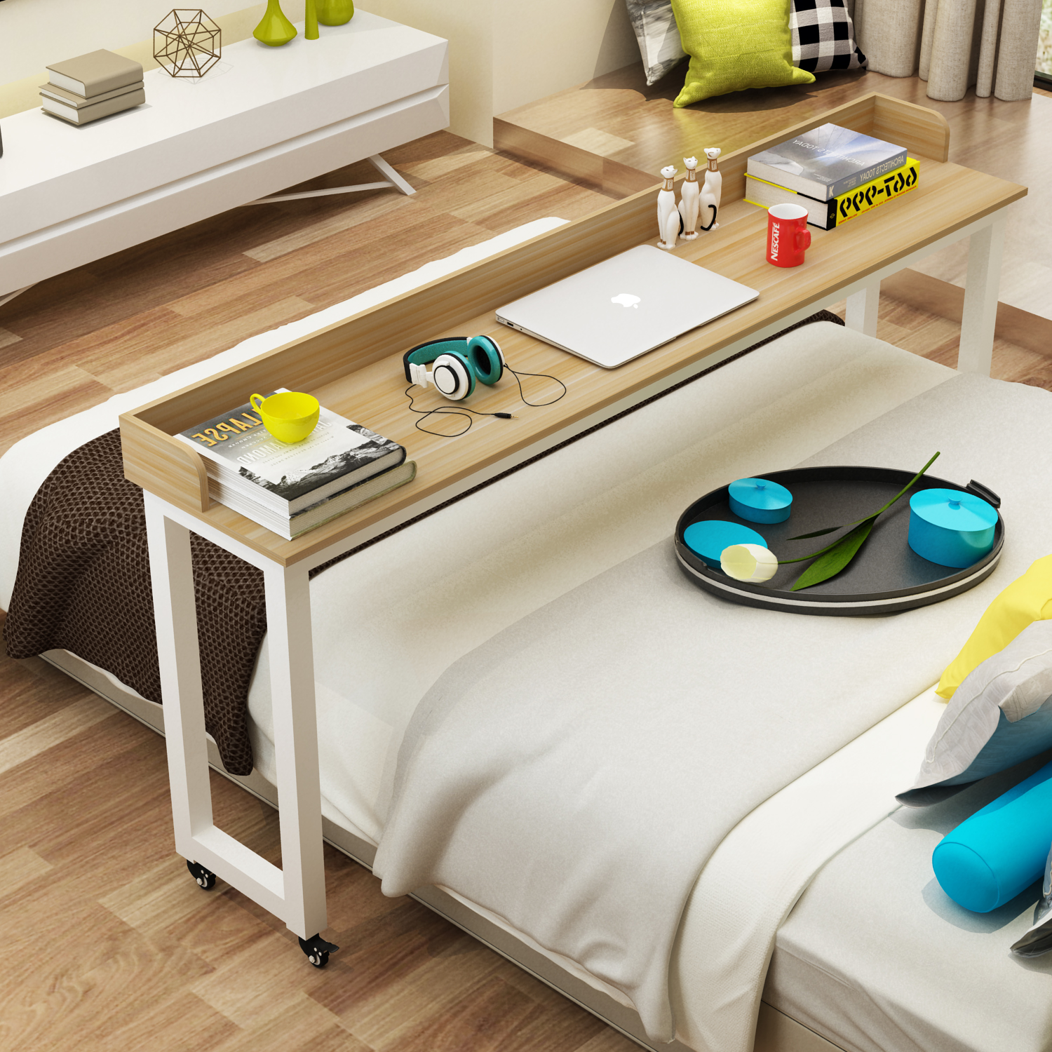 可移动床上人电脑桌家用床边书桌长条桌子懒人跨床桌简约钢木桌