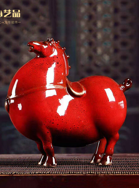 招财红色唐马摆件陶瓷家居客厅办公桌面酒柜装饰摆设瓷器马工艺品