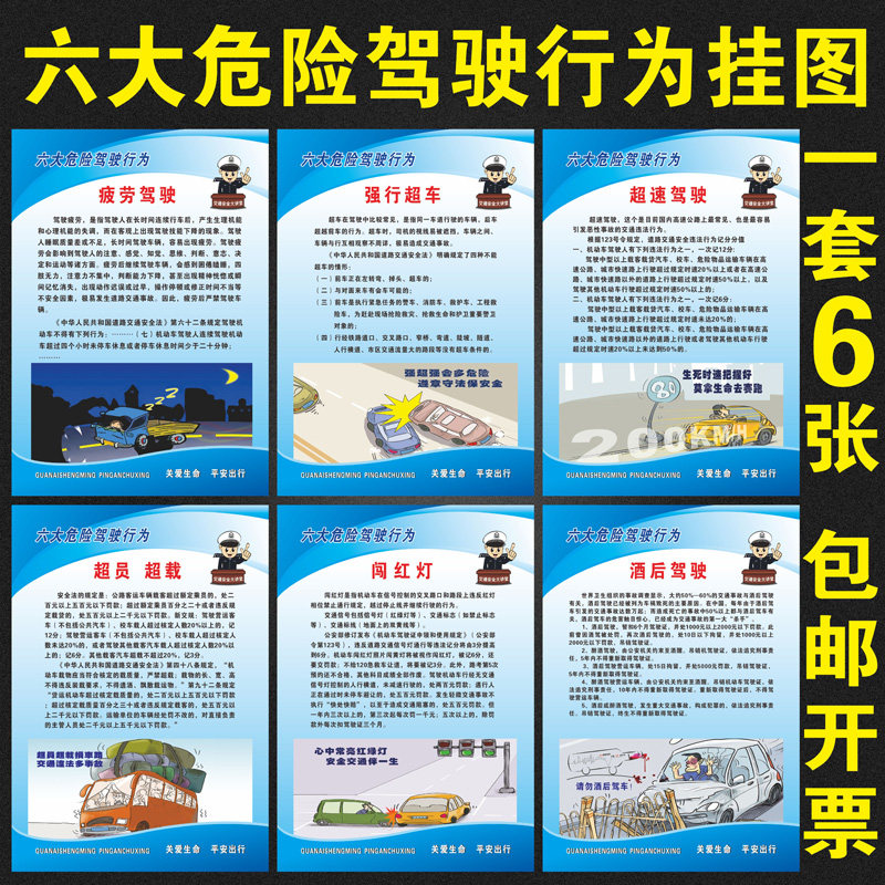 交通安全生产知识宣传画海报六大危险驾驶行为挂图墙贴画套图展板