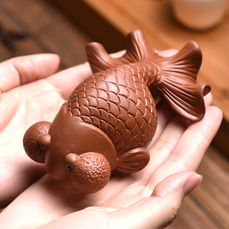 紫砂金鱼茶宠摆件精品 可养鱼缸摆饰 茶具茶桌从大号功夫配件茶玩