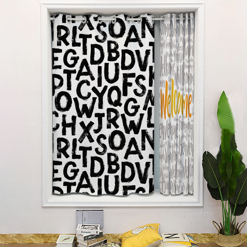 成品短帘黑贡缎个性英文字母客厅书房儿童房阳台飘窗短帘遮光窗帘