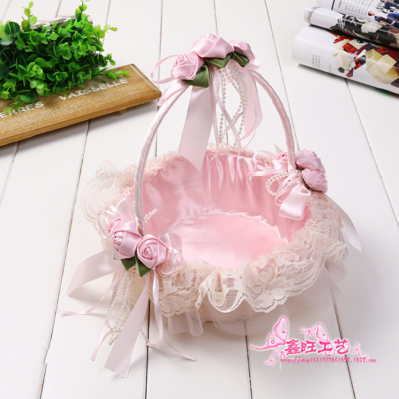 婚礼花篮花童撒花瓣篮子蕾丝装水果可爱礼品篮收纳手提藤编织柳编