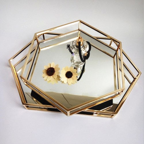促销金属镜面装饰盆后现代欧式古典样板房酒店摆件六边形金色托盘