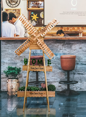 田园创意风车花架摆件家居阳台软装饰品木质店铺橱窗落地大花架