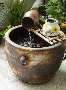 陶瓷大水缸鱼缸复古做旧仿青铜庭院造景流水门海酒店民宿室外缸