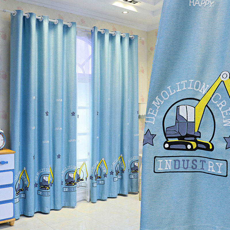 定制新款挖挖机儿童房男孩卧室窗帘布棉麻遮光绣花飘窗可爱纱帘