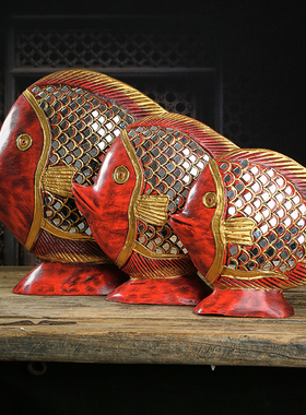 东南亚木雕工艺品泰国进口红色鲤鱼摆件客厅年年有余富贵软装饰品