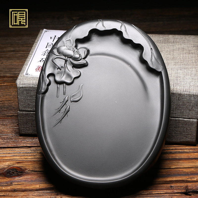 国家非遗名师砚台 鱼戏莲叶间天然老坑原石雕刻歙砚文房四宝实用