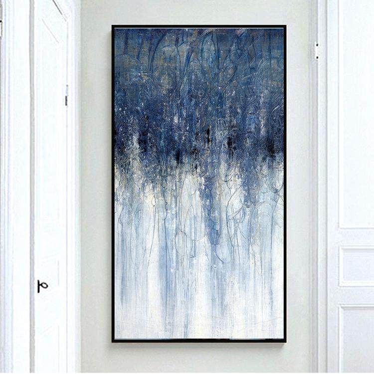 手绘抽象油画赵无极简约玄关装饰画竖版北欧深蓝走廊过道挂画