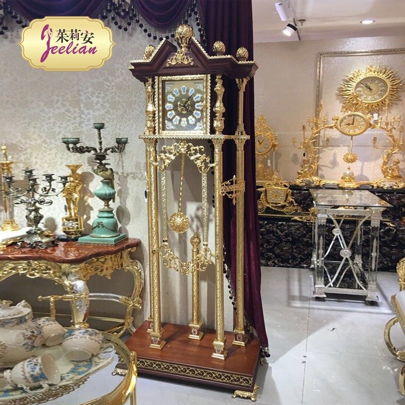 欧别法式豪宅式墅样板豪咖啡色实木黄铜屋顶型电镀金色间华落地钟