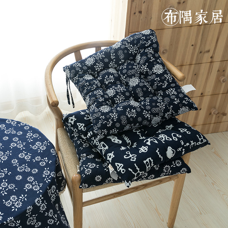 青蓝花布文艺民族风复古布艺餐椅垫坐垫棉麻透气冬季加厚系带四季