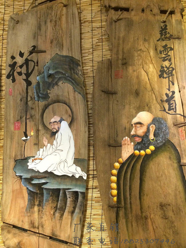 达摩做旧原木挂画风化木中式装饰画壁饰客厅手绘木板画创意画古典
