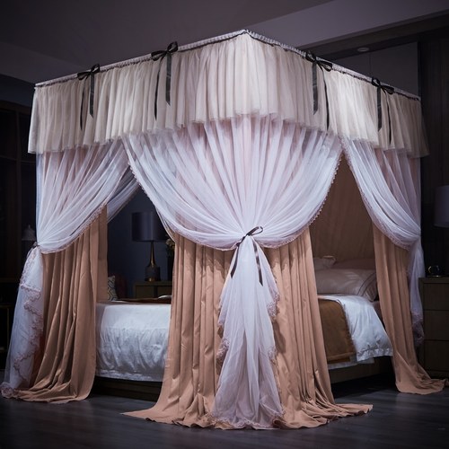 家用遮光蚊帐床帘一体式1.8m床防尘顶双层公主风床幔落地支架固定