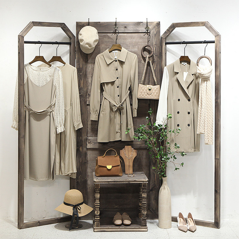 服装店展示架女装店货架落地挂衣架复古实木橱窗陈列架中岛台网红