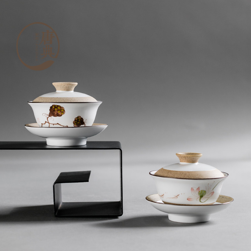 手绘盖碗陶瓷三才碗功夫茶具零配盖碗敬茶杯茶备泡茶器三才杯